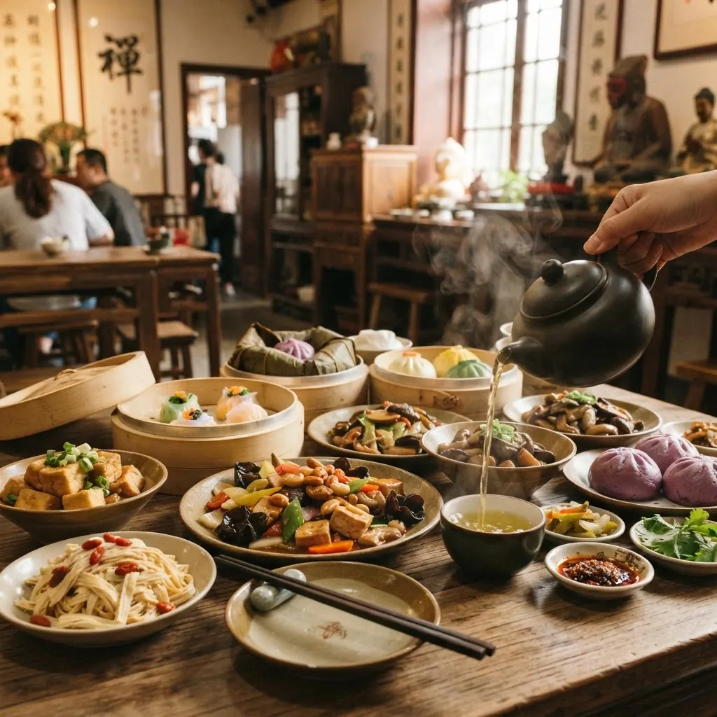 Chinese Buddhist vegetarian feast with dim sum, steamed buns and plant-based dishes