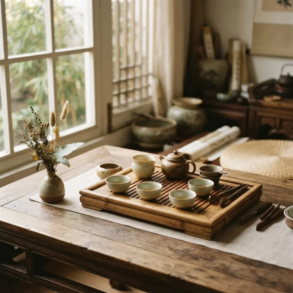 Elegant Chinese tea ceremony setting — gongfu tea set on a wooden table with warm natural light